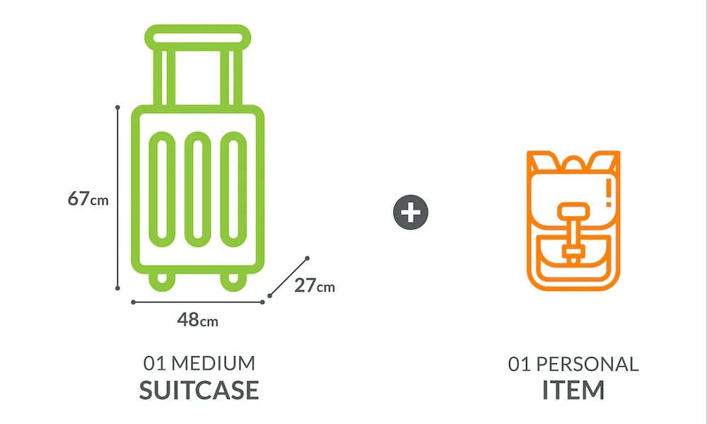 مخطط لأبعاد الأمتعة لمخصص للحقيبة والأشياء الشخصية. الحقيبة بحجم 48 × 27 سم والشيء الشخصي حقيبة ظهر صغيرة، بدون أبعاد محددة.